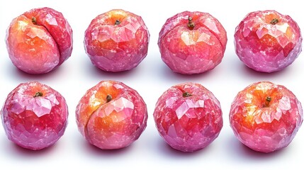 Fototapeta premium Crystal-textured red apples arranged in two neat rows on white background.