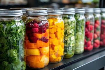 Colorful Jars of Fresh Produce in a Row - Healthy Food Storage and Organization Concept
