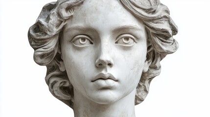Classical marble bust of a serene woman with wavy hair against pale background.