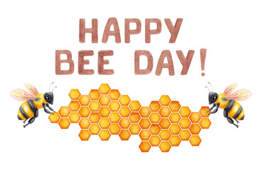 World Bee Day. Honeycomb watercolor drawing with bees. Concept save the bees and ecology and ecosystem.