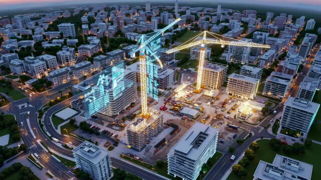 Aerial view of a construction site at dusk, featuring cranes, machinery, and holographic projections of building progress and technical data, showcasing technology's role in modern construction