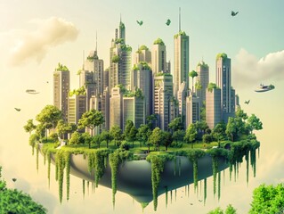 Obraz premium Floating city park in a futuristic skyline urban environment digital art eco-friendly design