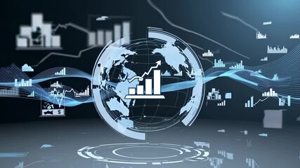Futuristic concept of global business intelligence and data analysis transforming the world with charts, graphs, and digital earth rotating in cyberspace - Powered by Adobe