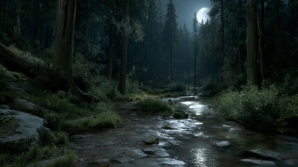 Obraz premium Tranquil Nightscape with Moonlight Reflecting on Calm Stream in Dense Forest Under Starlit Sky