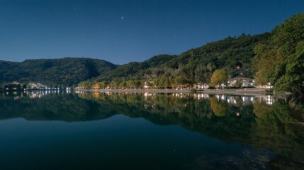 Serene Night Reflection Over Tranquil Lake with Mountains in Background and Stars in Dark Sky