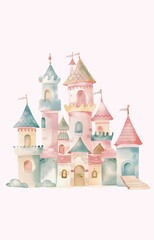 Obraz premium A cute cartoon vector illustration shows a pink fairy tale castle with towers, a flag, and medieval architecture, evoking a fantasy kingdom