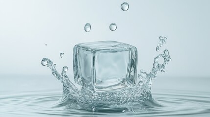 Frozen water cube splashing in clear liquid captured in a minimalist studio environment