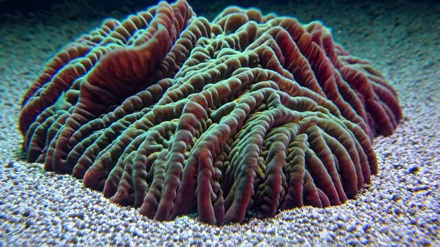 Open brain coral exhibiting vibrant green and purple lobes creates a captivating underwater scene, resting gracefully on the sandy seabed and showcasing the beauty of marine life