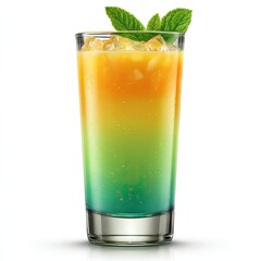 Vibrant layered cocktail with refreshing mint garnish.  A layered drink of orange and green hues, topped with fresh mint leaves, perfect for a summer day.  Inside,  ice cubes are visible