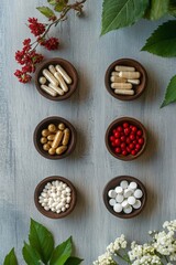 Various dietary supplements and granulated substances in black bowls on light wood surface, surrounded by green leaves, concept of nutrition