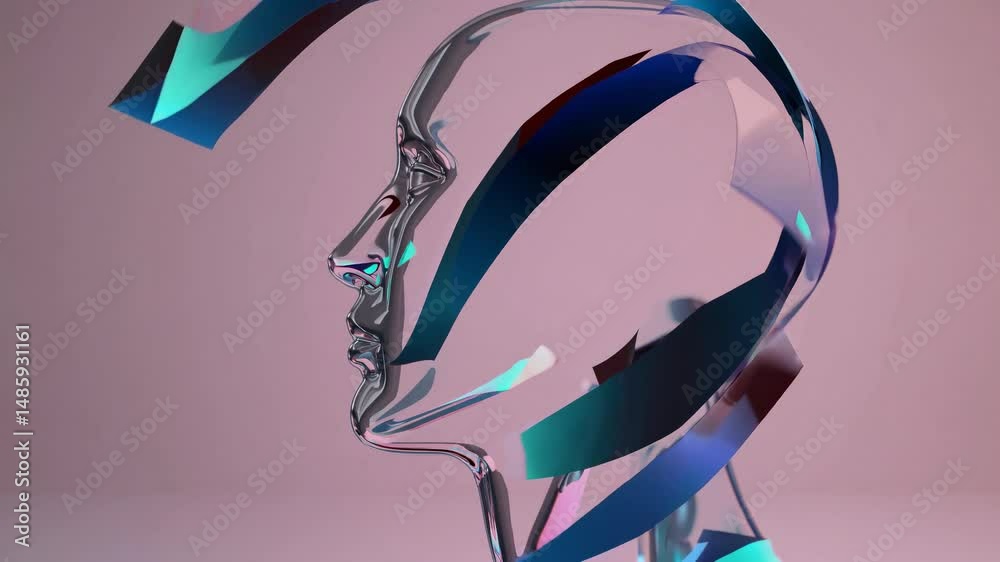 Wall mural abstract 3d render of a glass face partially obscured by swirling ribbons of color, creating a visua