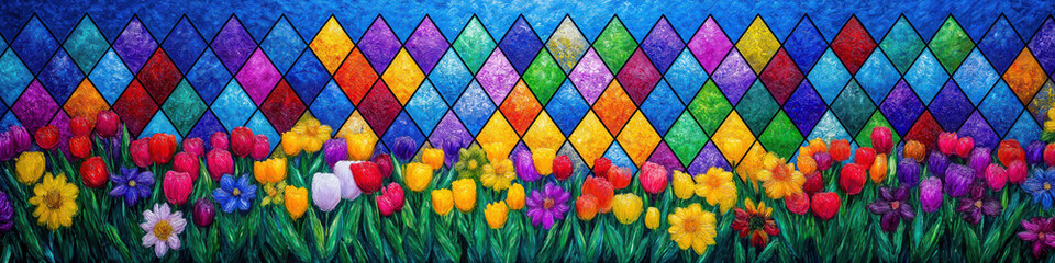 Colorful Mosaic Flower Garden: Abstract Floral Design with Vibrant Patterns and Spring Colors