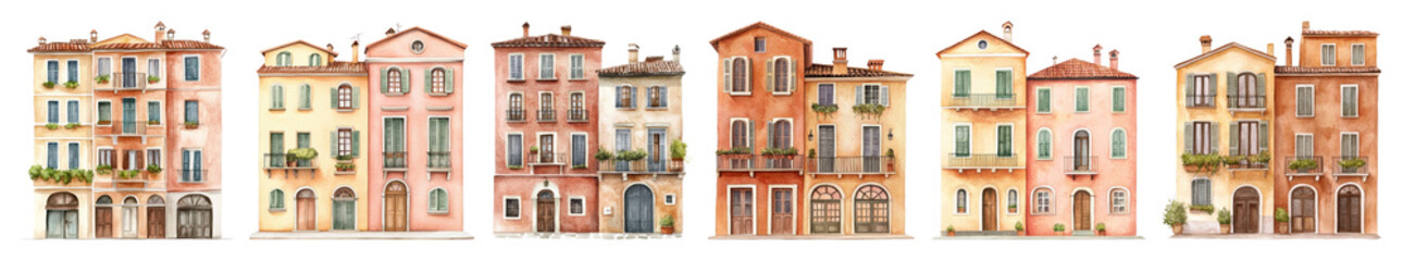 Fototapeta premium PNG Charming colorful European townhouses, element set on transparent background