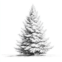 Pencil sketch drawing of single snow-covered pine tree, detailed black and white winter nature illustration
