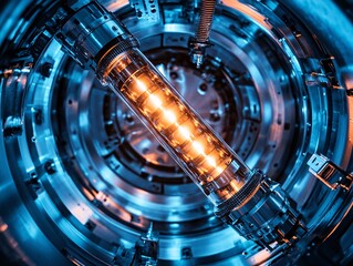 Revolutionary energy generation close-up of uranium fuel rod in high-tech reactor industrial environment futuristic concept