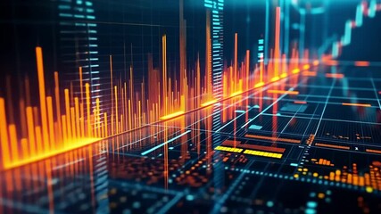 Futuristic neon financial data visualization with glowing bar charts and graphs, ideal for fintech, analytics, stock market, or business presentations in motion. - Powered by Adobe