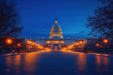 Fototapeta premium Illuminated classical government building at dusk with clear starry sky and surrounding trees framing the scene in peaceful night setting