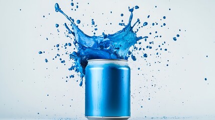 A can of blue paint exploding, with vibrant splashes, captured mid-air against a white backdrop.