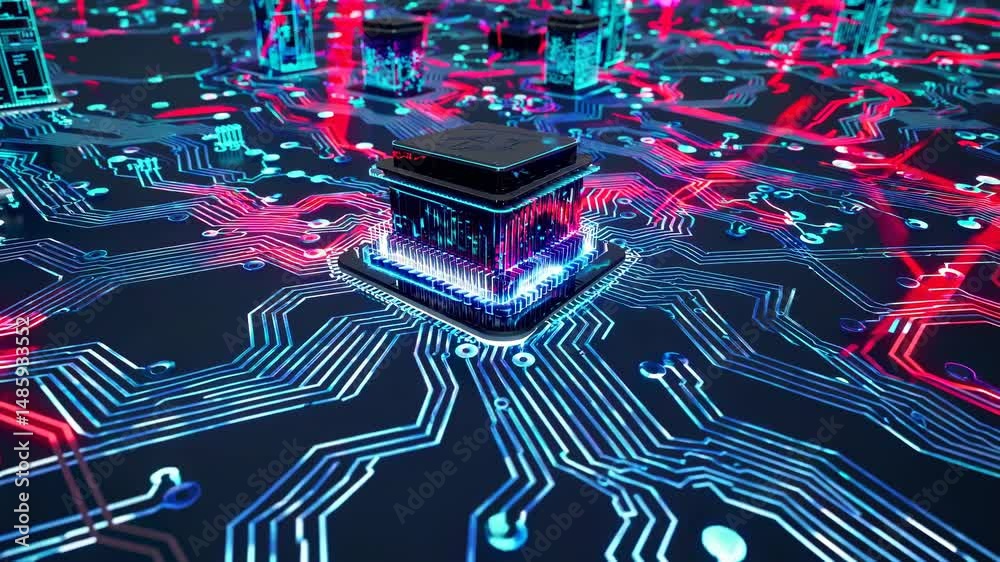 Poster central processing unit processing data on a futuristic circuit board with blue and red neon lights,