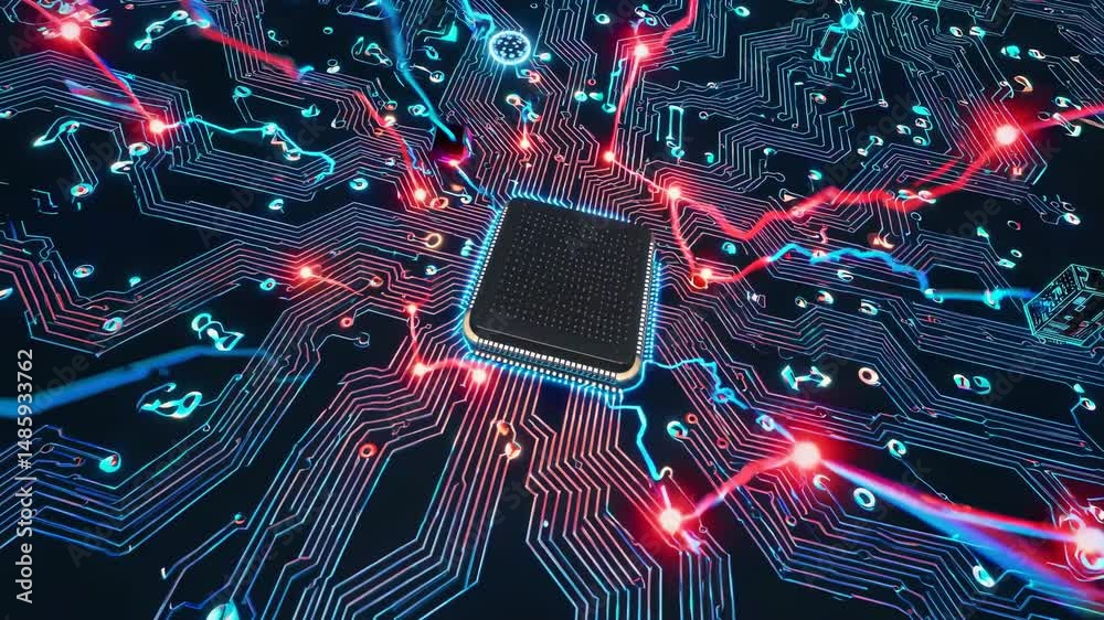 Poster complex network of circuits and data flow visualized on futuristic motherboard, representing advance