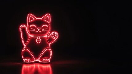 Red Neon Maneki Neko Cat Figurine Against Black Background Reflective Surface