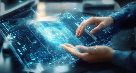 Person interacting with a futuristic transparent digital interface displaying complex holographic data and graphics in a high-tech environment