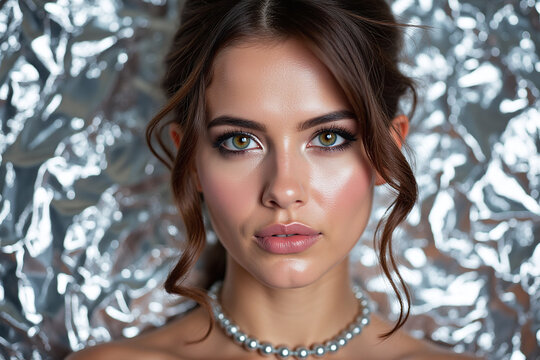Close-Up Portrait of Russian Model with Minimal Jewelry and Foil Background