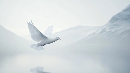 Dove soaring over misty mountain landscape, symbolizing peace and serenity