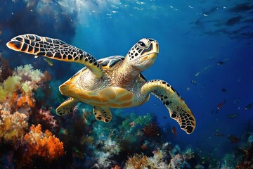 A sea turtle swimming gracefully underwater above a vibrant coral reef with colorful fish and clear blue ocean water