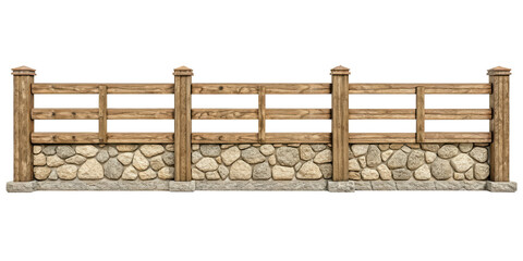 A rustic fence made of wooden posts and rails combined with a stone base. Isolated on transparent background.
