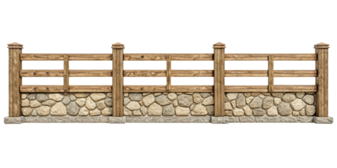 A rustic fence made of wooden posts and rails combined with a stone base. Isolated on transparent background.