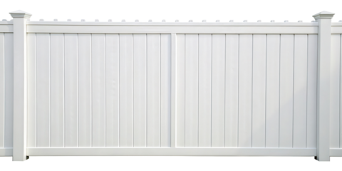 A tall white vinyl fence with vertical panels and decorative posts. Isolated on transparent background. Isolated on transparent background.