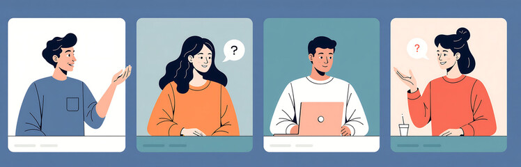 four individuals engaging video conversation simple flat design style vector illustration
