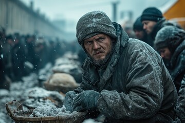 Obraz premium GULAG Laborers Enduring Subzero Temperatures at a Siberian Work Camp