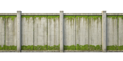 A tall concrete wall with green moss growing along the top and bottom edges. Isolated on transparent background.