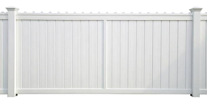 A tall white vinyl fence with vertical panels and decorative posts. Isolated on transparent background. Isolated on transparent background.