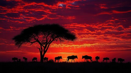 African savanna silhouette under a dramatic blood-red sunset spectacle