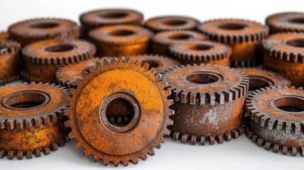 A pile of rusty, metallic gears, showing wear and age, lies on a white surface