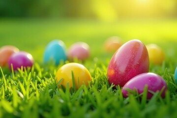Brightly colored eggs scattered on grass, sunshine, outdoor, sunny, bright