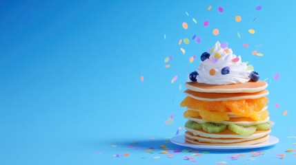 Colorful pancake stack topped with whipped cream and fruit, set against a vibrant blue background