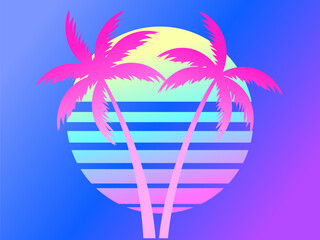Two palm trees on a sunset 80s retro sci-fi style. Summer time. Futuristic sun retro wave. Design for advertising brochures, banners, posters, travel agencies. Vector illustration