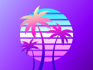 Three palm trees on a sunset 80s retro sci-fi style. Summer time. Futuristic sun retro wave. Design for advertising brochures, banners, posters, travel agencies. Vector illustration