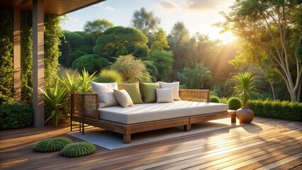 Obraz premium Cozy sun-kissed deck with oversized daybed and sofa , natural light