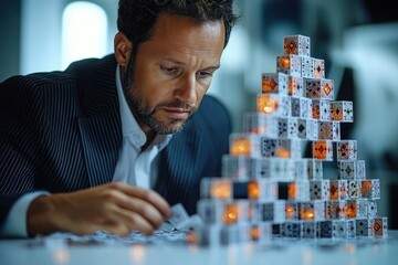 Focused man in formal suit carefully building a glowing intricate pyramid structure with translucent cubes on a table