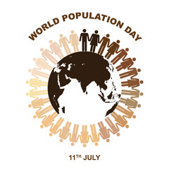 World Population Day vector art. Circle of diverse people around the Earth, promoting unity and equality. World Population Day awareness campaigns.