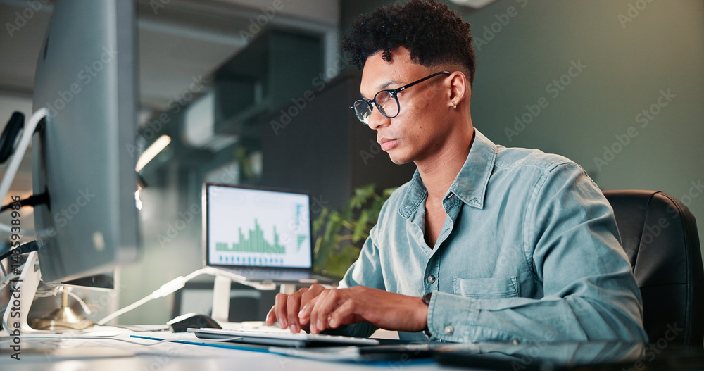Leinwandbilder Man, typing and computer with trading, graphs and review for revenue report in office at company. Person, keyboard and statistics at night, charts and research with info for stock market at agency