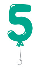 Number, figure 5 shaped balloon, rounded glossy design, isolated vector on transparent background. Hand drawn illustration. Holiday, party, celebration, anniversary, birthday card, banner element