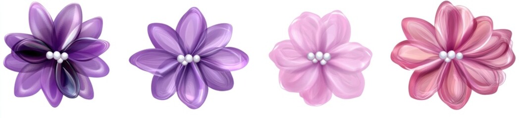 Four stylized flowers in shades of purple and pink