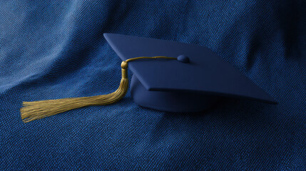 Elegant navy blue graduation cap with a golden tassel resting on a textured blue fabric, symbolizing achievement and celebration in a minimalistic and refined manner