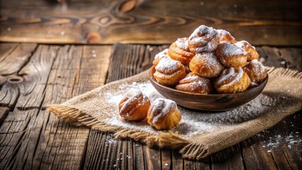 A cluster of warm, freshly baked fritule on a wooden tablecloth, surrounded by a rustic background with earthy tones, drizzled with powdered sugar , croatian pastry, pastries